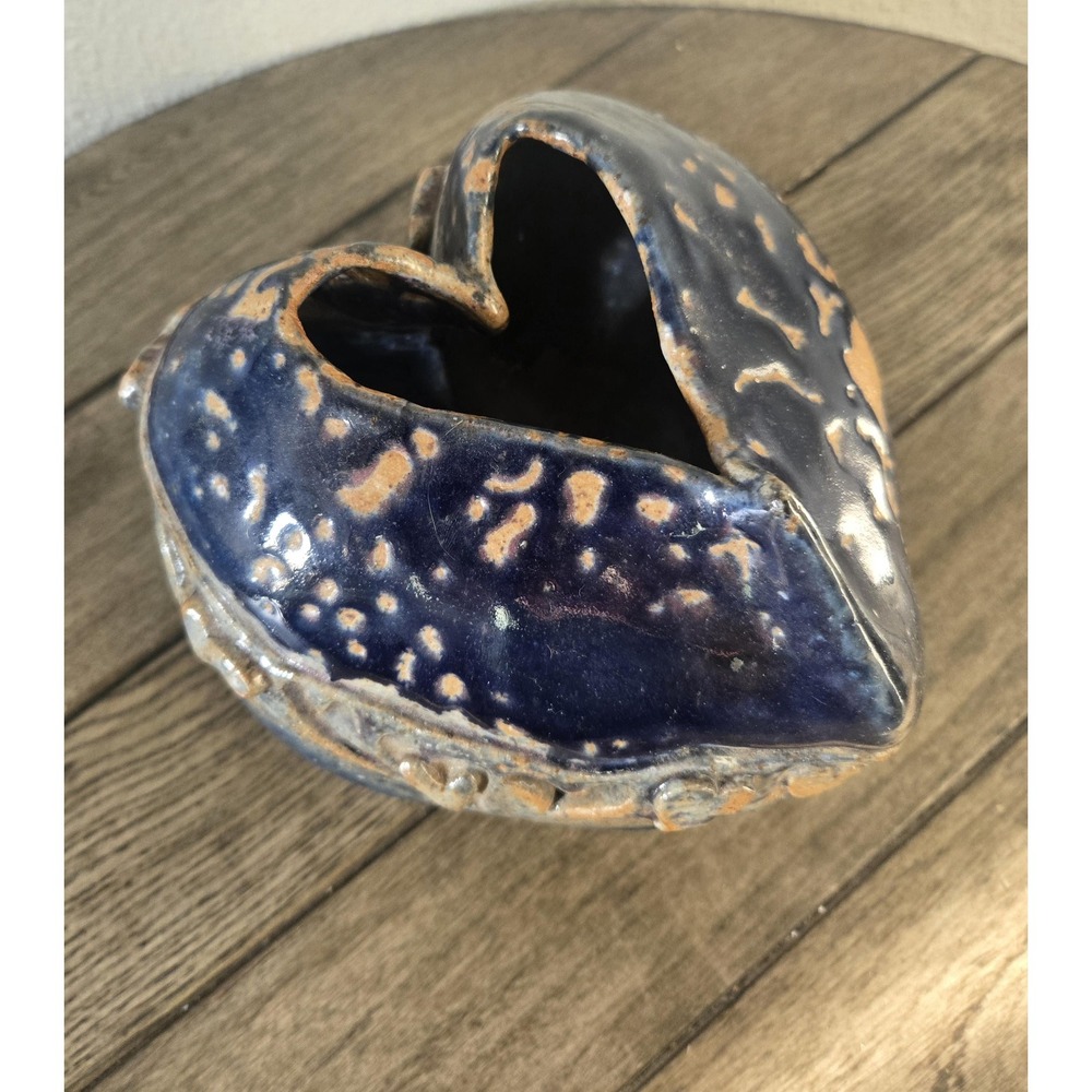 Unique Vintage Handthrown Pottery Heart Bowl  Blue & Grey Glaze Stoneware Decor